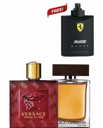 Bundle for Men: Eros Flame for Men, edP 100ml by Versace + The One for Men, edT 100ml by Dolce and Gabbana + Scuderia Ferrari Black - Tester without Cap - for Men, edT 125ml by Ferrari Free!