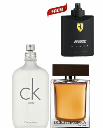 Bundle for Men: CK One (White) for Men and Women (Unisex), edT 100ml by Calvin Klein + The One for Men, edT 100ml by Dolce and Gabbana + Scuderia Ferrari Black - Tester without Cap - for Men, edT 125ml by Ferrari Free!