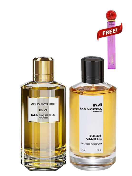Mancera Bundles: Aoud Exclusif for Men and Women (Unisex), edP 120ml by Mancera + Roses Vanille for Women, edP 120ml by Mancera + Happy Felicia Roses Travel Miniature for Women, edP 10ml by Chopard Free!